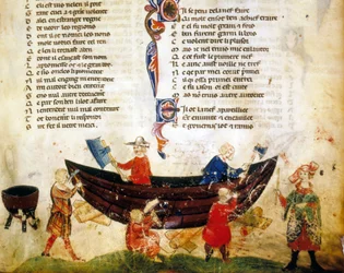 Scheepsbouw en breeuwen in de 13e eeuw. Miniatuur uit de „Roman de Troie” van Benoît de Sainte-Maure. 14e eeuw, Biblioteca Marciana, Venetië