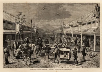 Zijdewinkels in Mitsoui, Yedo (of Edo, het huidige Tokio), levendig, en op de achtergrond de silhouet van de berg Fuji. Gravure ter illustratie van de reis naar Japan, in 1863-1864, door Aime Humbert, minister van de Zwitserse Confederatie, in 