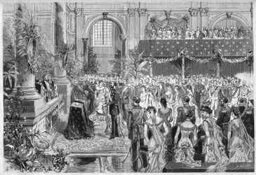 Zilveren bruiloft van de koning en koningin van Zweden en Noorwegen, Oscar II (1829-1907) en Sophie de Nassau (1836-1913), 6 juni 1882. Gravure in 