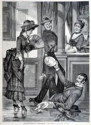Schaatsscène in een brouwerij. Een jongen valt en breekt de borden die hij droeg (1883)