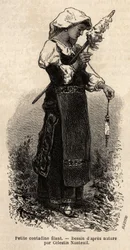 Kleine contadine (boerin) uit de omgeving van Rome, wol spinnend met haar spinrok. Gravure ter illustratie van de reis naar Rome, door Francis Wey, in 1864-1870, gepubliceerd in 