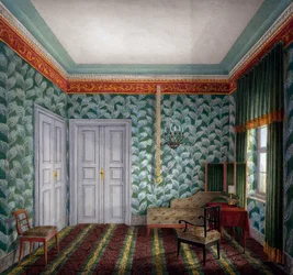 Kleine dagkamer met groen behang en gebladerte