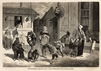 Kleine saltibanken die acrobatische nummers uitvoeren op muziek in de straten van Yedo (of Edo, keizerlijke hoofdstad, het huidige Tokio). Gravure ter illustratie van de reis naar Japan, in 1863-1864, door Aime Humbert, minister van de Zwitserse Confederat