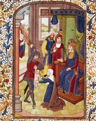 Het oordeel van Salomo: twee vrouwen beweren de moeder van hetzelfde kind te zijn (miniatuur uit een 15e-eeuws manuscript)