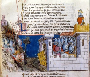Lied van de heldendaden: een leger bereidt zich voor om het vijandelijke leger aan te vallen dat zich in een kasteel heeft verschanst en beschermd wordt door de ophaalbrug. Miniatuur uit het Frans-Italiaanse manuscript 