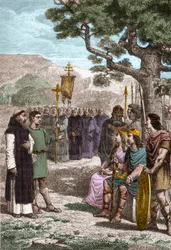 Sint-Augustinus van Canterbury (d 604) predikt voor Ethelbert (552? -616) Angelsaksische koning van Kent die hij in 597 doopte - Augustinus gestuurd door paus Gregorius I om Angelsaksen tot het christendom te bekeren - Voorstelling van Sint-Augustinus van 
