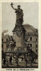 Standbeeld van de Republiek, Place de la Republique in Parijs. Chromolithografie uit de late 19e eeuw