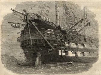 Telegrafie: zicht op de achtersteven van het schip H.M.S. 