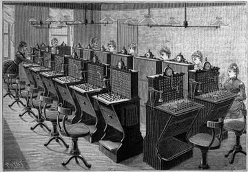 Telefonie in Zweden: kamer van het centrale telefoonbureau in Stockholm. Gravure in 