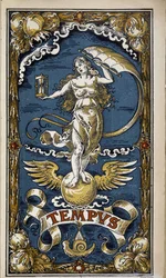 Tempus: allegorie van de tijd (vrouwelijke figuur met zandloper, wind, vleugels), illustratie voor kalender 1889