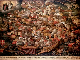 De Slag bij Lepanto voor de kust van Griekenland tussen Spaanse, Venetiaanse en pauselijke troepen tegen de Ottomanen in 1571. Anoniem schilderij. 16e eeuw. Venetië, Museo Correr