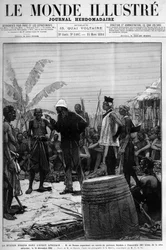 De Brazza-missie in West-Afrika: Pietro Paolo Savorgnan di Brazza of Pierre Paul Francois Camille Savorgnan de Brazza (1852-1905) organiseert een konvooi van Batekes-dragers naar Franceville (Gabon) op 14 december