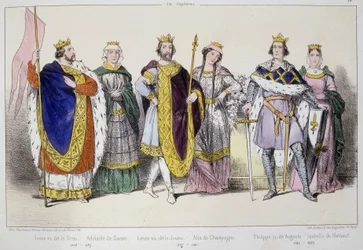 De Capetingen. Van links naar rechts: Lodewijk VI de Dikke (1081 - 1137), Adelaide of Alix van Savoye (? -1154), Lodewijk VII de Jonge (1120 - 1180), Alix van Champagne (1140-1206), Filips II Augustus (1165-1223) en Isabelle van Henegouwen (1170-1190)
