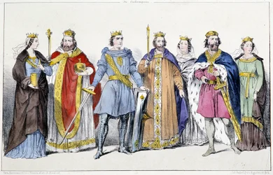 De Karolingers: Richarde (845-na 887) en Karel III de Dikke (839-888), Arnulf van Karinthië (ca. 850-899), Lodewijk IV van Overzee (920-954) en Gerberge van Germania (913-984), Lotharius IV (941-986) en Emma van Italië (948-1006) - Plaat uit Koningen en Fr