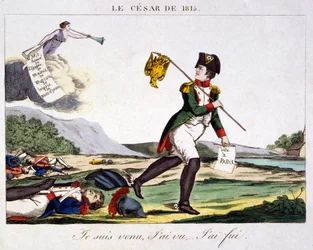 De Caesar van 1815 - Ik kwam, ik zag... ik rende weg. Spotprent over Napoleon I die vlucht van het slagveld waar de dode Franse soldaten verspreid liggen. Gravure 1815 - Napoleon Bonaparte (15 augustus 1769 - 5 mei 1821) was een Franse militaire en