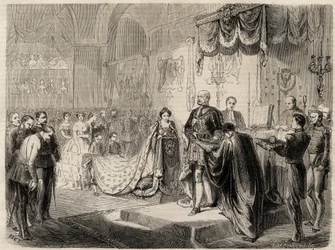 De kroning van koning Willem I in Koningsbergen in 1861 - De kroning van de koning en koningin van Pruisen in de Slotkerk Koningsbergen - Willem I van Pruisen - 1861