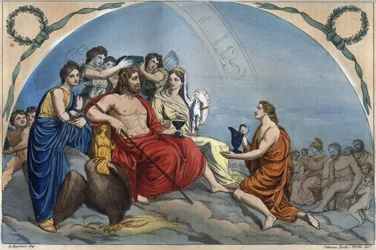 De raad der goden of Vergadering der goden: Zeus op de Olympus omringd door godheden - Olympus-gravure uit „Usi e Costumi di Tutti i Popoli dell