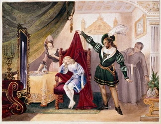 De graaf maakte avances naar Suzanne terwijl Cherubin op de stoel verborgen was, uit De bruiloft van Figaro door Mozart