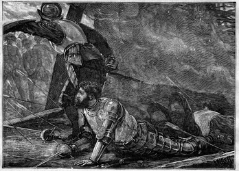 De dood van Juan de la Cosa (1460-1510) cartograaf, conquistador en Spaanse ontdekkingsreiziger in Cartagena, Colombia - gravure van 1887