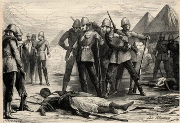 De keizer (negus) van Ethiopië Theodoros II (Tewodros) stierf op 13 april 1868 na de verovering van Magdala door de Engelsen, waar de negus zich had teruggetrokken. Gravure in 