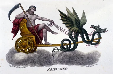 De god Saturnus (of Cronos) op een wagen getrokken door twee draken. Naar een illustratie van Raffaello Sanzio. Gravure uit de 19e eeuw.