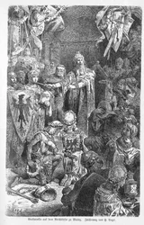 Keizer Frederik Barbarossa houdt hof in Mainz - Frederik I van Hohenstaufen ontvangt in Mainz het kruis van bisschop Gerard van Würzburg - Gravure in 
