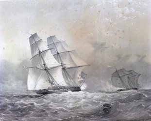 De HMS Acorn brik van 16 kanonnen achtervolgt de Negrier Gabriel