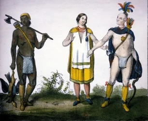 De Indianen van Canada: een jager (Acadiaan), een vrouw en een krijger. Lithografie van 