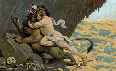 De werken van Hercules: Hercules en de leeuw van Nemee, begin 20e eeuw (chromo)