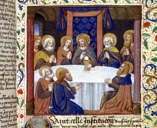 Het Laatste Avondmaal. (Christus omringd door zijn apostelen) - verluchting van de Middeleeuwen, sd.