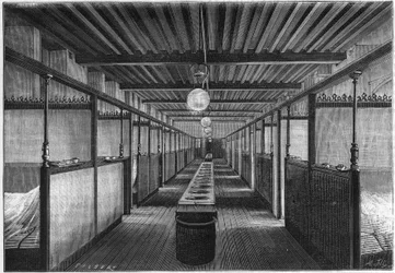 De Monge School in 1884 in Parijs. Een slaapzaal met wastafels. in 