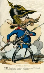 Het naaldgeweer - Portret van Otto von Bismarck (1815-1898), kanselier van Pruisen - Mars, oorlogsgod, teleurgesteld in zichzelf als Pruis om het naaldgeweer te proberen en de Oostenrijkers een gemene streek te leveren... Karikatuur