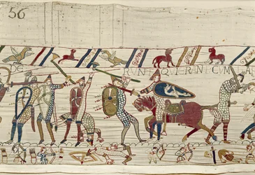 De Normandiërs vechten en doden degenen die bij koning Harold waren, Tapijt van Bayeux
