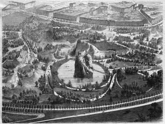 Het Parc des Buttes Chaumont, een openbare tuin in het 19e arrondissement van Parijs, gebouwd op initiatief van Napoleon III, gecreëerd door Baron Haussmann.