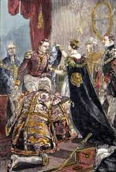 De koningin Victoria investeert de keizer van de Fransen met de Orde van de Kousenband in Windsor Castle