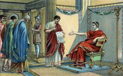 De Romeinse keizer Constantijn stelde de eerste religieuze wetten op betreffende de gelijkheid van geloven. Chromolithografie uit de late 19e eeuw