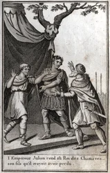 De Romeinse keizer Julianus geeft de koning van de Germaanse Chamaven zijn zoon terug die hij dacht te hebben verloren. 4e eeuw. Gravure in 