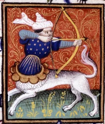 De Boogschutter. Miniatuur van een horoscoop. 15e-eeuws manuscript. Bibl. Trivulziana, Milaan.