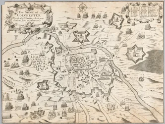 Het beleg van Colchester door Lord Fairfax, zoals het was met de linie en buitenwerken 1648 (gravure)