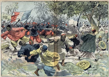 De Soedanese troepen van Samory Toure (circa 1835-1900) werden achter de oevers van de Cavalby-rivier geplaatst door een Franse kolonie onder leiding van luitenant Walfel. Soedan, 9 september 1898. Illustratie in 