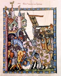 De Zwitserse dichter en ridder Graaf Werner von Homberg (1284-1320) in dienst van keizer Hendrik VII belegerde een bolwerk verdedigd door de Angevijnse troepen van Sicilië. Miniatuur van de Codex “Manesse”, of “Manessesche Liederhandschrift”