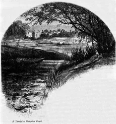 De Theems bij Hampton Court: Hampton Court Palace, voormalige residentie van koning Hendrik VIII van Engeland. Gravure uit de 19e eeuw.