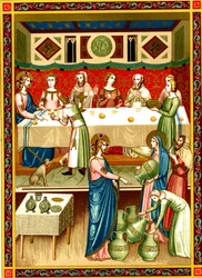 Het bruiloftsfeest in Kana, Miniatuur uit een manuscript uit de 14e eeuw