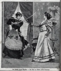 De nasleep van een rivaliteit: een zwaardduel tussen vrouwen. Gravure in 