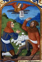 De engel verkondigt de herders de geboorte van Jezus. 15e-eeuws manuscript. Biblioteca Nazionale Braidense, Milaan