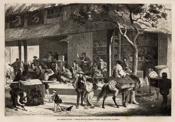De animatie van een huis en de activiteiten van de straat. Gravure ter illustratie van de reis naar Japan, in 1863-1864, door Aime Humbert, minister van de Zwitserse Confederatie, in Le tour du monde, nouveau journal des voyages