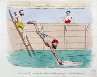 Het bad: karikatuur van openbare baden (zwembaden) in Parijs - 19e eeuw, Carnavalet