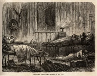 De slaapkamer van de christelijke missie van San Jose (Peru), die de auteur verwelkomt tijdens zijn reis. Gravure ter illustratie van de reis van de Stille Oceaan naar de Atlantische Oceaan, door Zuid-Amerika, in 1848-1860 door Paul Marcoy, in 