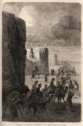 De karavaan van de Hajis in Korantaghi (Perzië, Iran). Gravure in Le tour du monde, bewerkt door Edouard Charton.