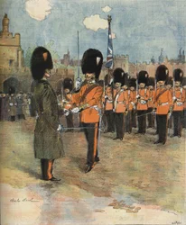 De wisseling van de wacht bij Buckingham Palace in Londen in 1893. Illustratie door M.C. Morel. Bianchetti collectie.